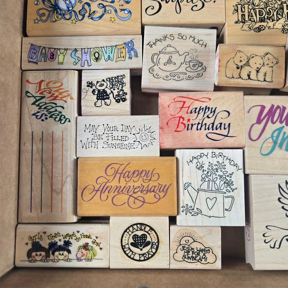 Vintage Wood Mounted Rubber Stamps Lot 40+ Baby Wedding Holiday Sentiments
